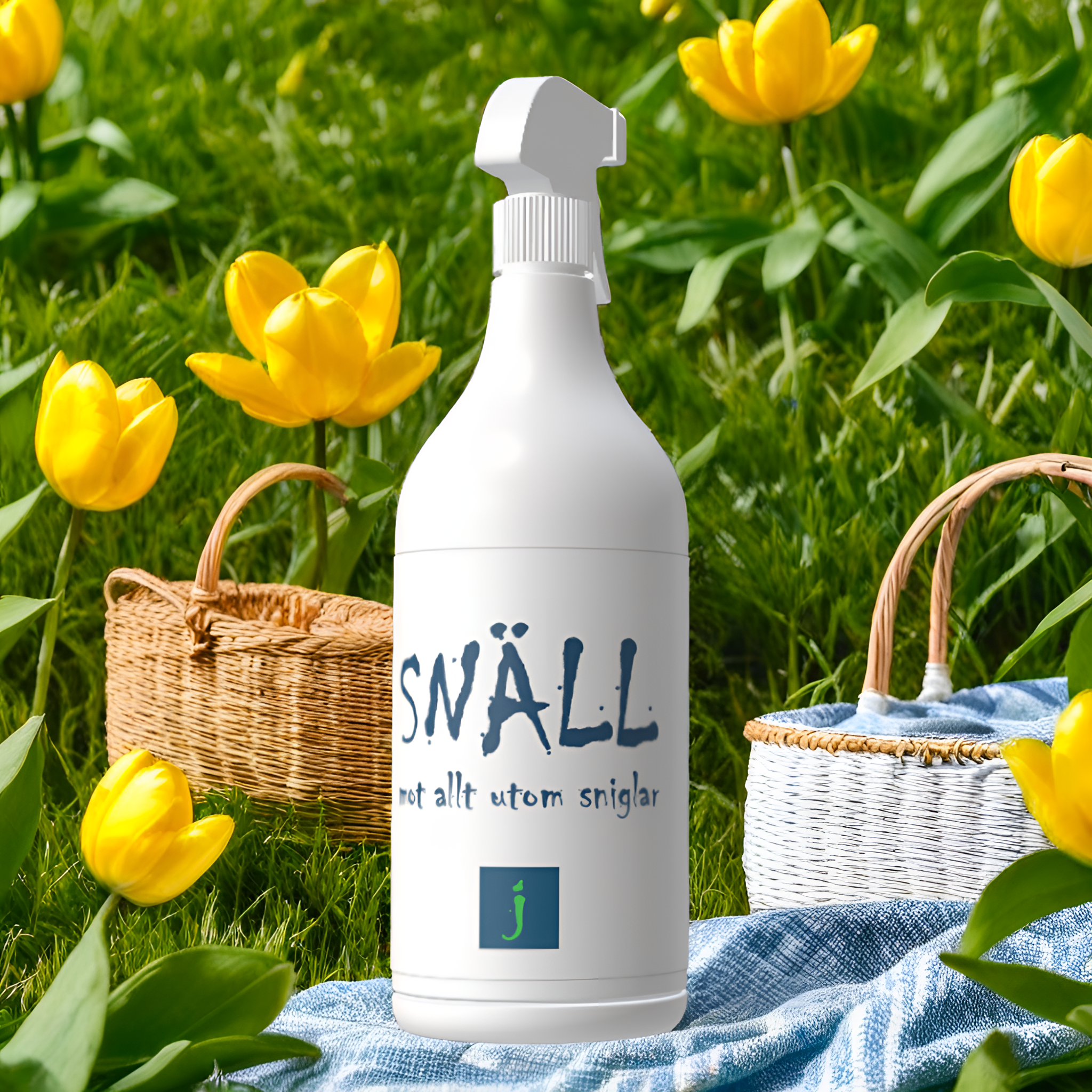 SNÄLL flaska på filt och äng med blommor